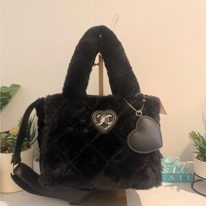 New Juicy Couture Let's Get Cozy Faux Fur Fluffy Black Tote Crossbody Handbag